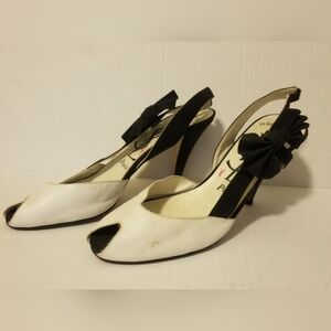 Vintage 70s Yves Saint Laurent Black & White Peep-Toe Sling Back Bow Heels 7.5M